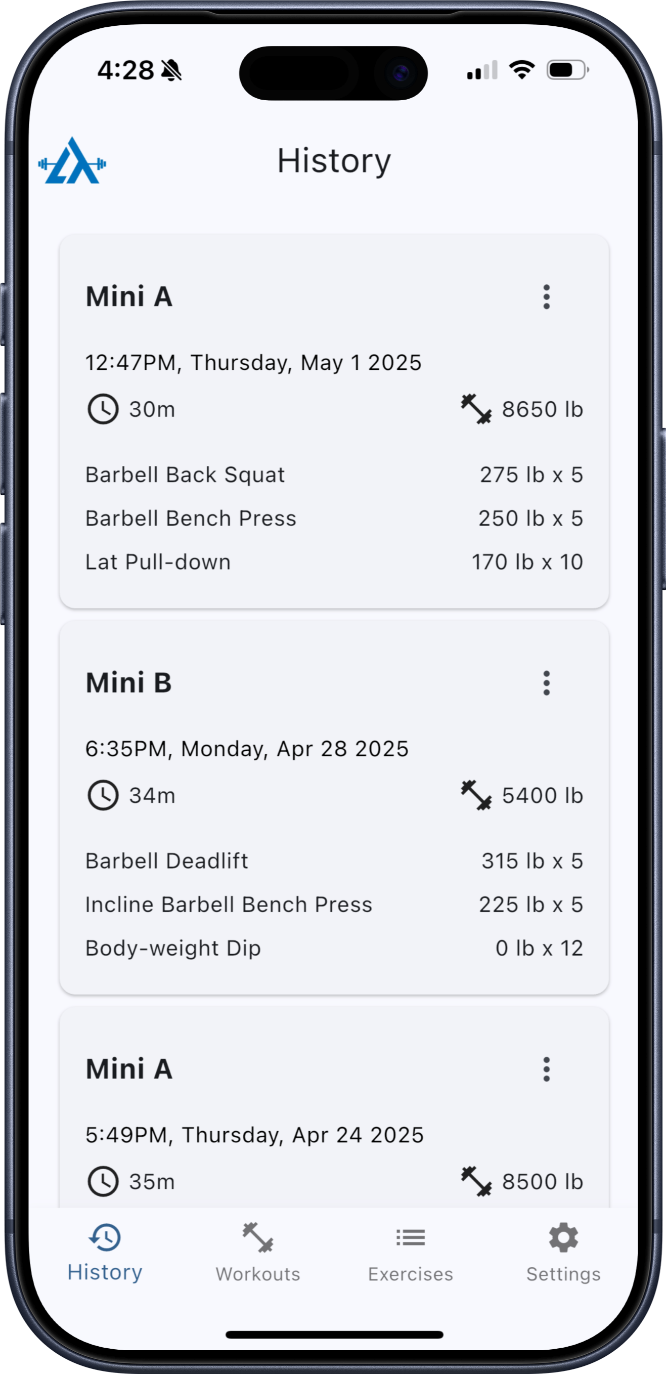 LiftTrack History Interface