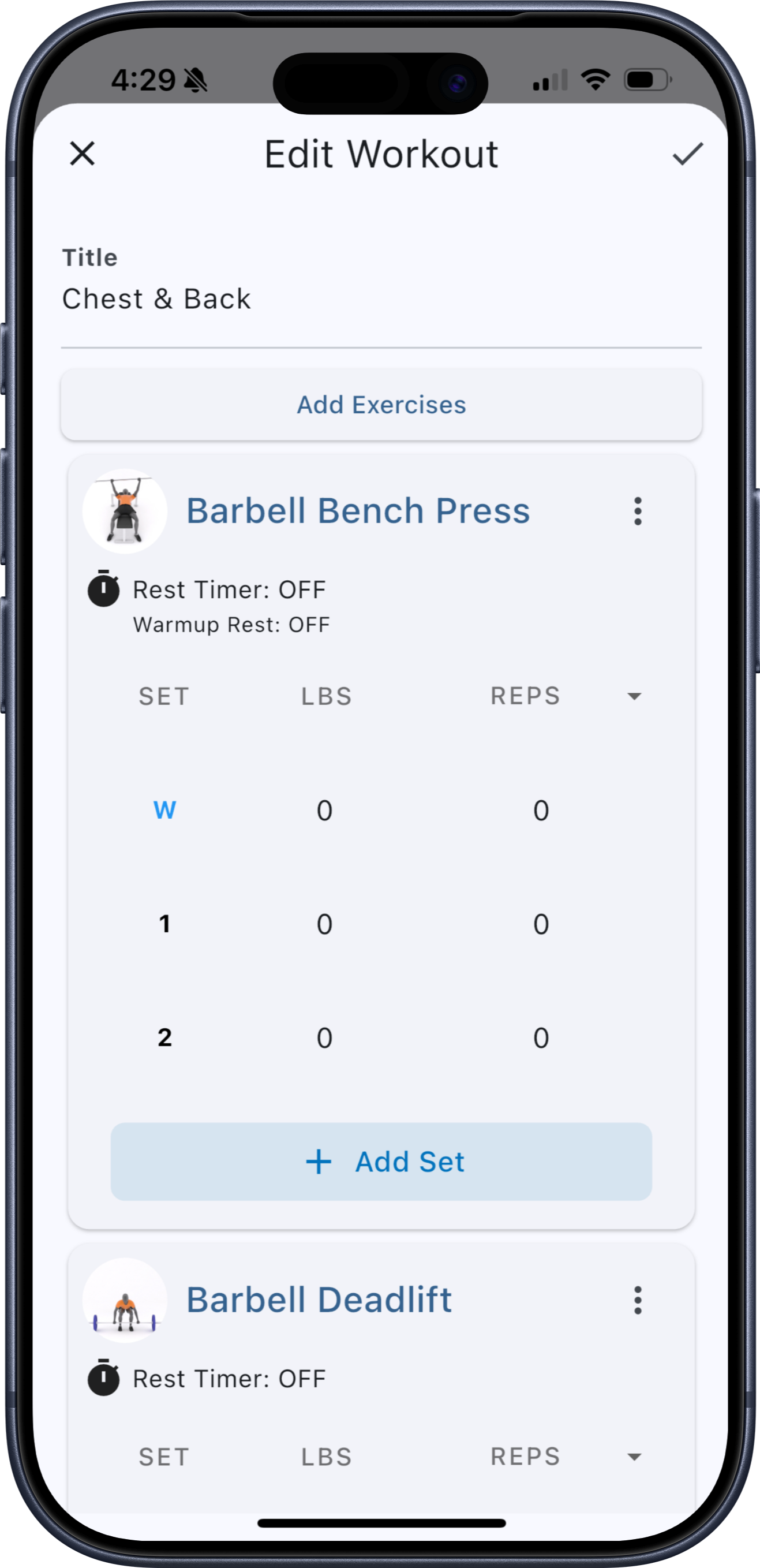 LiftTrack Workout Builder Interface